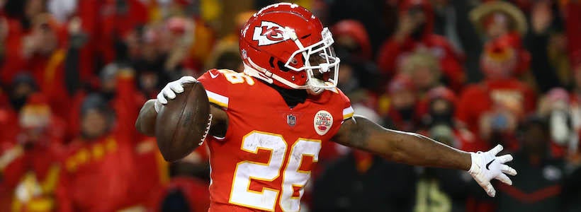 <p>Jan 20, 2019; Kansas City, MO, USA; Kansas City Chiefs running back Damien Williams (26) reacts in the end zone ahead of New England Patriots outside linebacker John Simon (55) during the second half of the AFC Championship game at Arrowhead Stadium.</p>