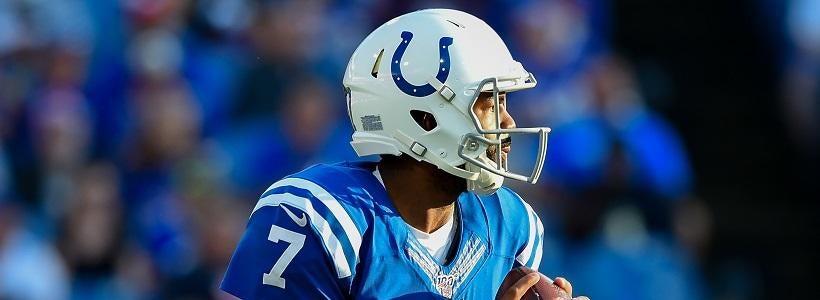 <p>Aug 8, 2019; Orchard Park, NY, USA; Indianapolis Colts quarterback Jacoby Brissett (7) drops back to pass against the Buffalo Bills during the first quarter at New Era Field.</p>