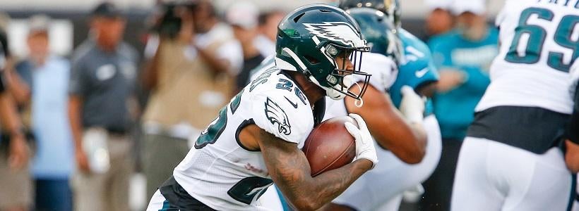 <p>Aug 15, 2019; Jacksonville, FL, USA; Philadelphia Eagles running back Miles Sanders (26) runs the ball during the first quarter against the Jacksonville Jaguars at TIAA Bank Field.</p>