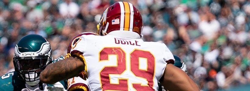 <p>Sep 8, 2019; Philadelphia, PA, USA; Washington Redskins quarterback Case Keenum (8) fakes a hand off to running back Derrius Guice (29) against the Philadelphia Eagles during the first quarter at Lincoln Financial Field.</p>