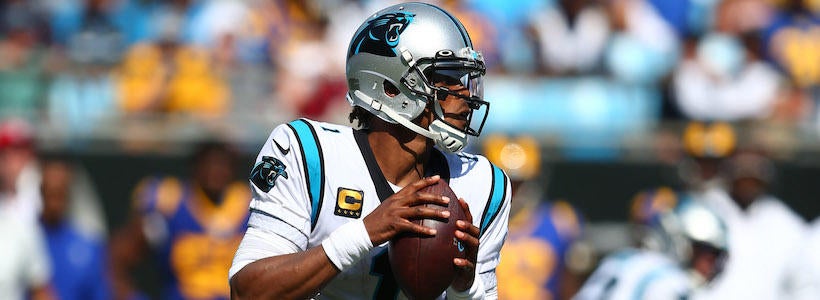 <p>Sep 8, 2019; Charlotte, NC, USA; Carolina Panthers quarterback Cam Newton (1) looks to pass during the third quarter against the Los Angeles Rams at Bank of America Stadium.</p>