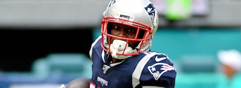 <p>Sep 15, 2019; Miami Gardens, FL, USA; New England Patriots wide receiver Antonio Brown (17) runs with the ball against the Miami Dolphins during the first half at Hard Rock Stadium.</p>