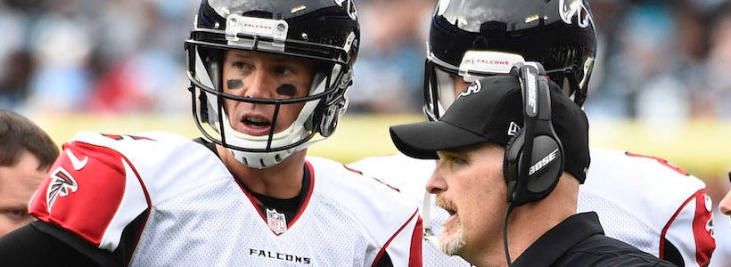 <p>Dec 24, 2016; Charlotte, NC, USA; Atlanta Falcons quarterback Matt Ryan (2) with head coach Dan Quinn on the sidelines in the second quarter at Bank of America Stadium.</p>