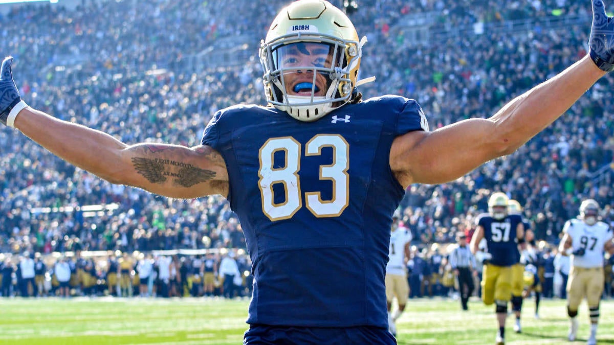 <p>Nov 16, 2019; South Bend, IN, USA; Notre Dame Fighting Irish wide receiver Chase Claypool (83) celebrates after a touchdown in the first quarter against the Navy Midshipmen at Notre Dame Stadium.</p>