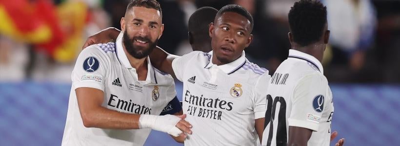 <p>Karim Benzema, left, David Alaba and Vinicius Junior, Real Madrid</p>