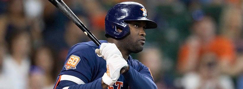 <p>Aug 14, 2022; Houston, Texas, USA;  Houston Astros designated hitter Yordan Alvarez (44) hits a single against the Oakland Athletics in the first inning at Minute Maid Park.</p>