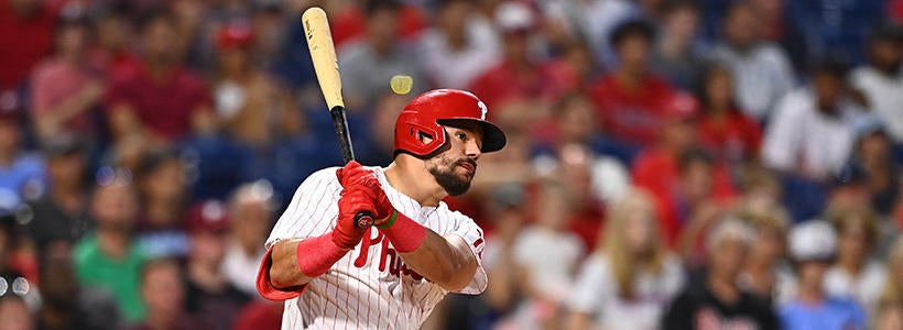 <p>Aug 24, 2022; Philadelphia, Pennsylvania, USA; Philadelphia Phillies outfielder Kyle Schwarber (12) hits a single against the Cincinnati Reds in the second inning at Citizens Bank Park.</p>