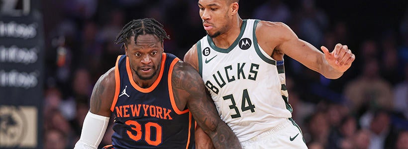 <p>Nov 30, 2022; New York, New York, USA; New York Knicks forward Julius Randle (30) dribbles against Milwaukee Bucks forward Giannis Antetokounmpo (34) during the first half at Madison Square Garden.</p>