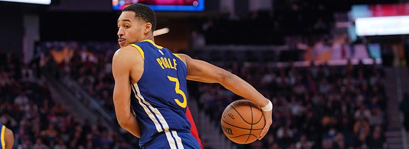 <p>Dec 30, 2022; San Francisco, California, USA; Golden State Warriors guard Jordan Poole (3) fakes a pass behind his back against the Portland Trail Blazers in the fourth quarter at the Chase Center.</p>