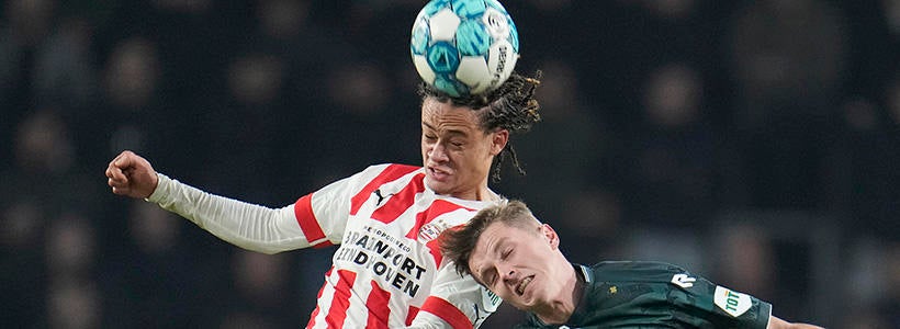 <p>EINDHOVEN, NETHERLANDS - FEBRUARY 11: Xavi Simons of PSV, Johan Hove of FC Groningen during the Dutch Eredivisie match between PSV v FC Groningen at the Philips Stadium on February 11, 2023 in Eindhoven Netherlands</p>