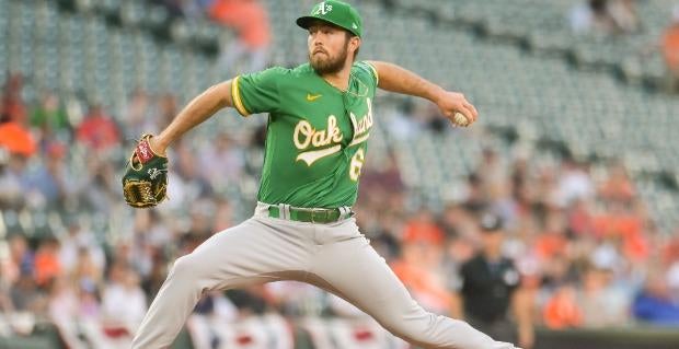 Starting pitcher Ken Waldichuk of the Oakland Athletics pitches