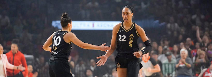 <p>May 28, 2023; Las Vegas, Nevada, USA; Las Vegas Aces forward Aja Wilson (22) celebrates with guard Kelsey Plum (10) after scoring against the Minnesota Lynx during the first quarter at Michelob Ultra Arena.</p>