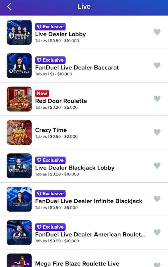 livedealer games section Fanduel casino