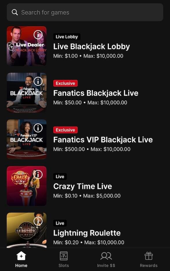 Livedealer games Fanatics Casino