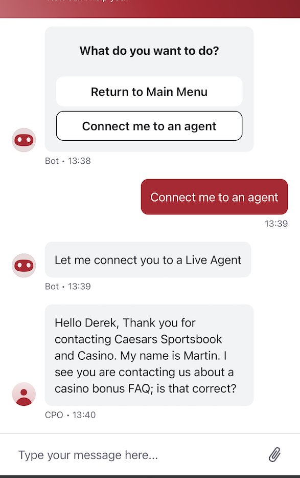 Caesars Palace online casino chat support