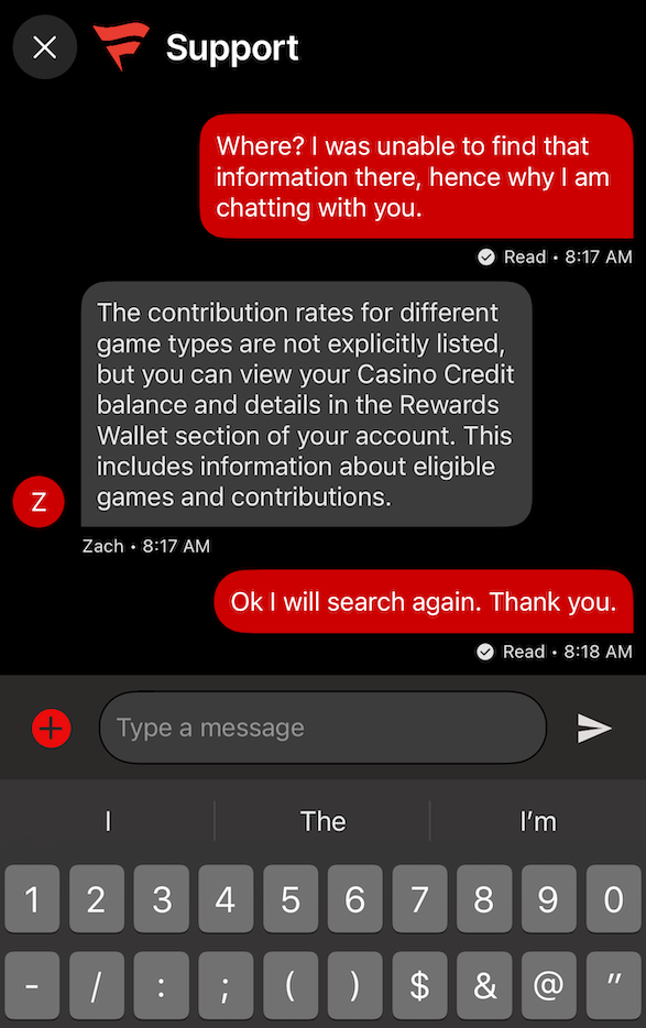 Support chat Fanatics Casino