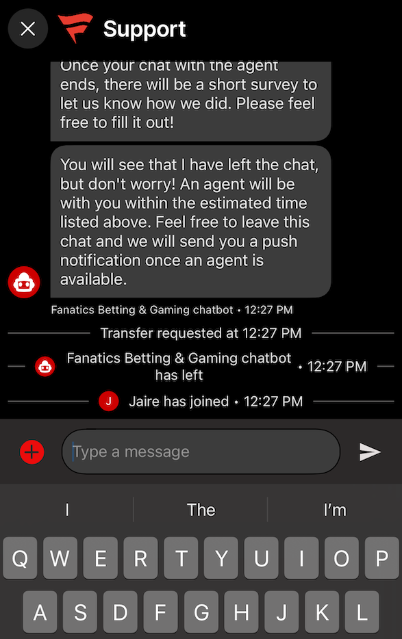 Fanatics Casino app chat