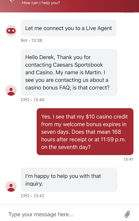 Caesars Palace online casino chat support