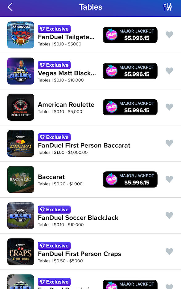 tables games at FanDuel casino