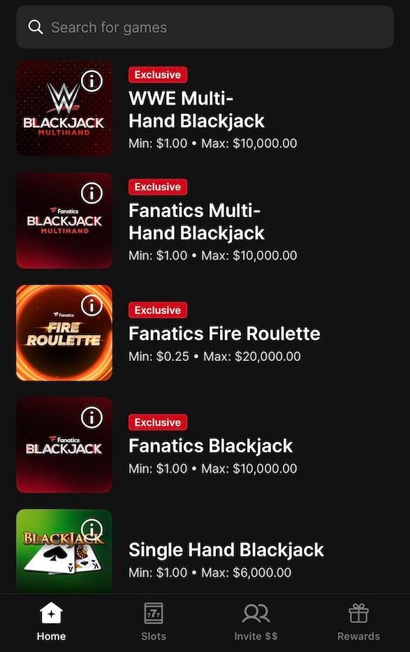 Top table games at Fanatics Casino