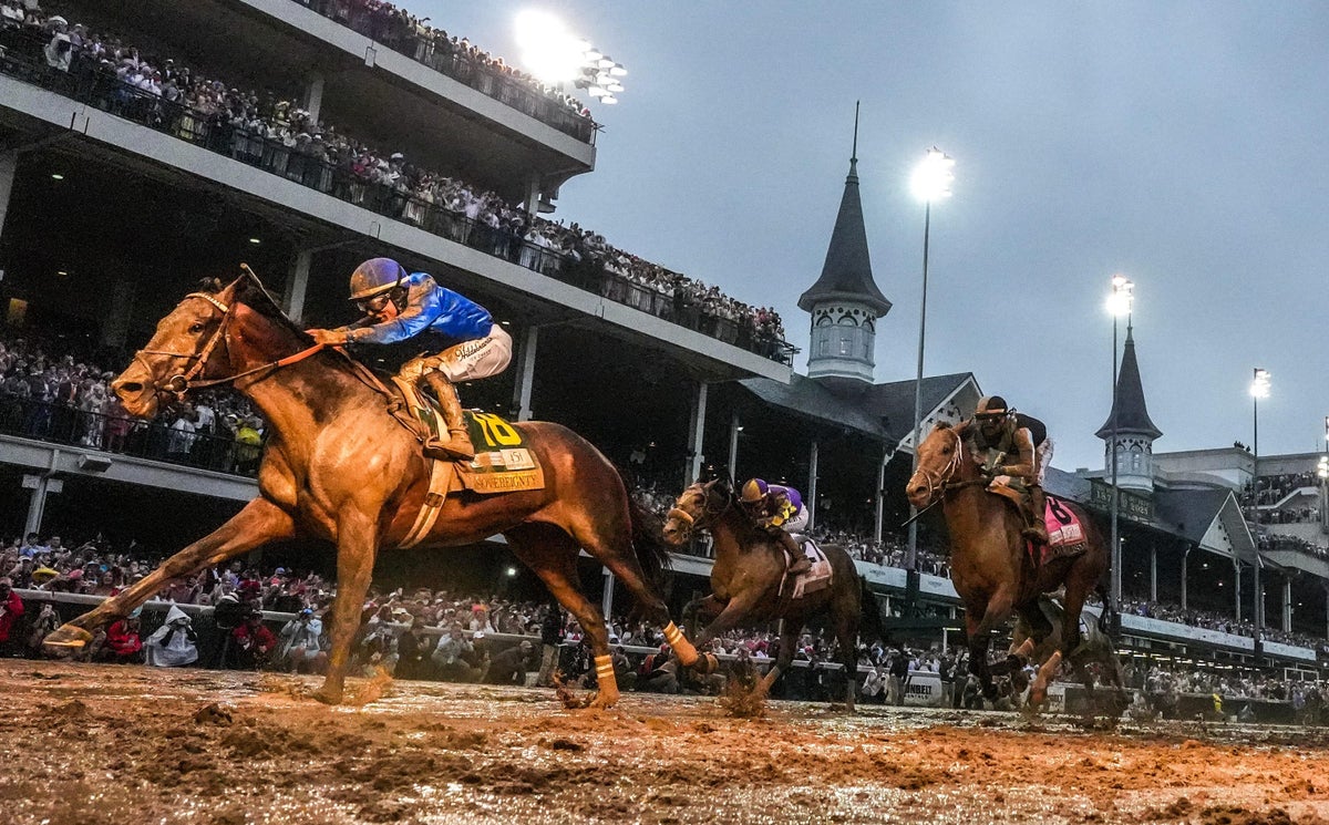 <p>May 3, 2025; Louisville, KY, USA; Junior Alvarado aboard Sovereignty wins the 151st Kentucky Derby at Churchill Downs on Saturday, May 3, 2025. Mandatory Credit: Michael Clevenger/USA TODAY NETWORK via Imagn Images</p>